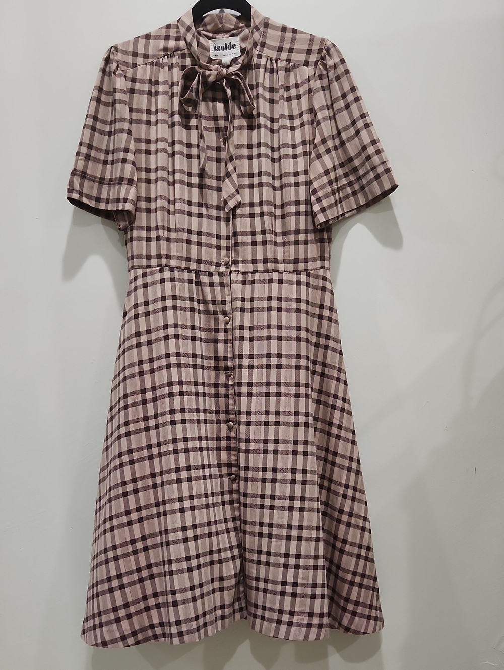 Plaid Tie-Neck Casual Dress in Mauve Check
